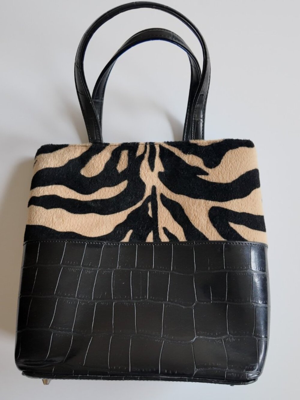 Vintage Y2K Zebra Print Calf Hair Faux Croc Leather Tote Handbag Top Handle Purs